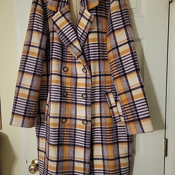 Garnet Hill Jackets & Blazers - Garnet Hill Plaid Double-Breasted Pea Coat in Orange and Black